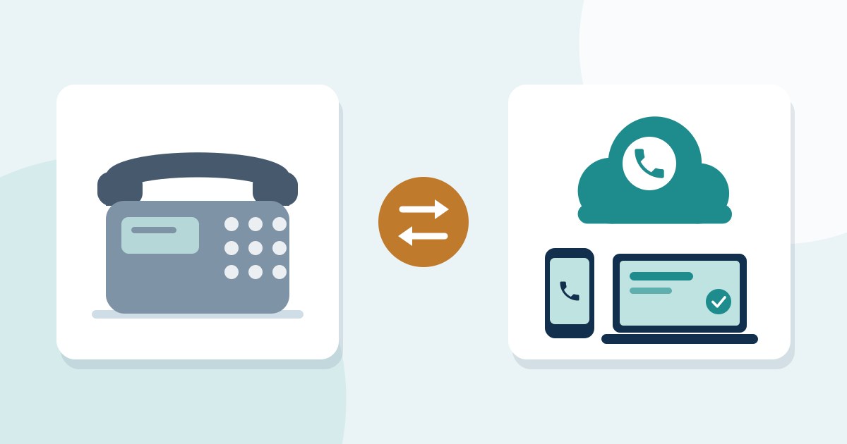 An older desk phone compared with a modern cloud phone system on mobile and laptop